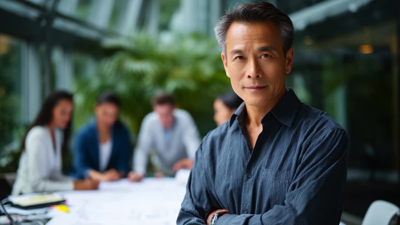 Confident Leader Overseeing a Collaborative Team Meeting with Plans and Designs Spread Across a Table in a Bright, Modern Workspace Surrounded by Lush Greenery for Inspiration