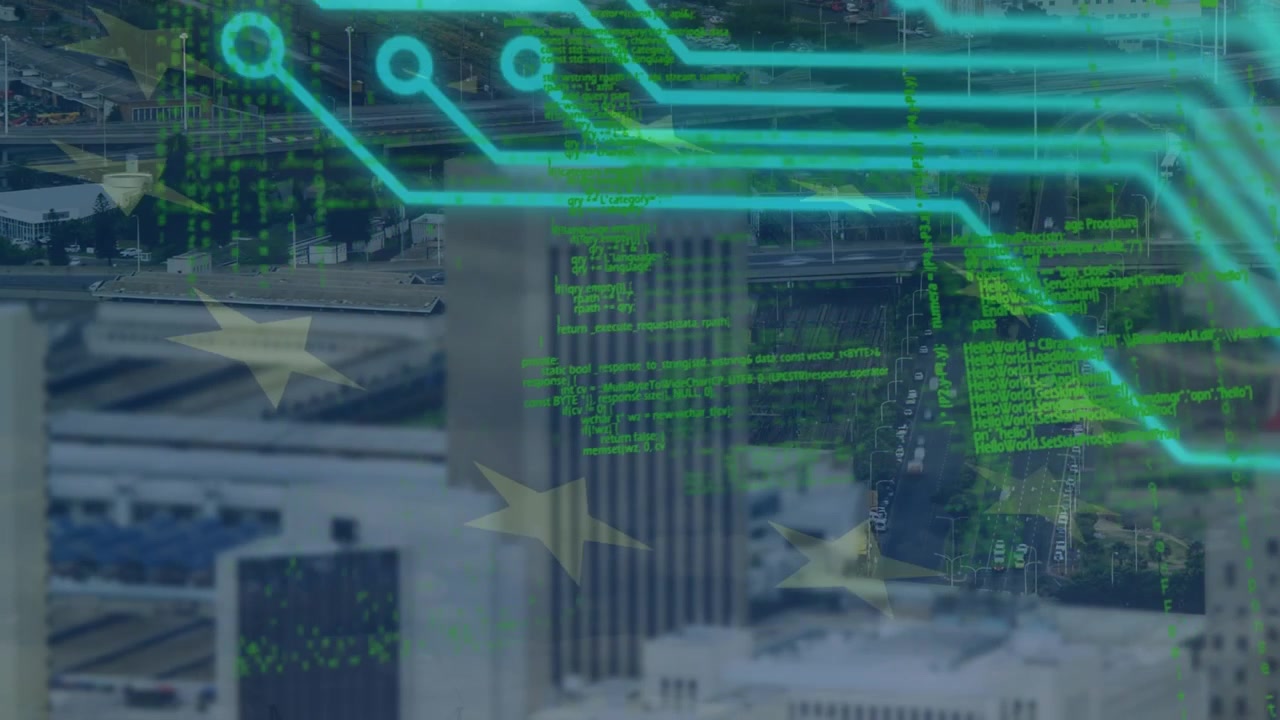 Animation of diverse data and european union flag over integrated circuit and cityscape