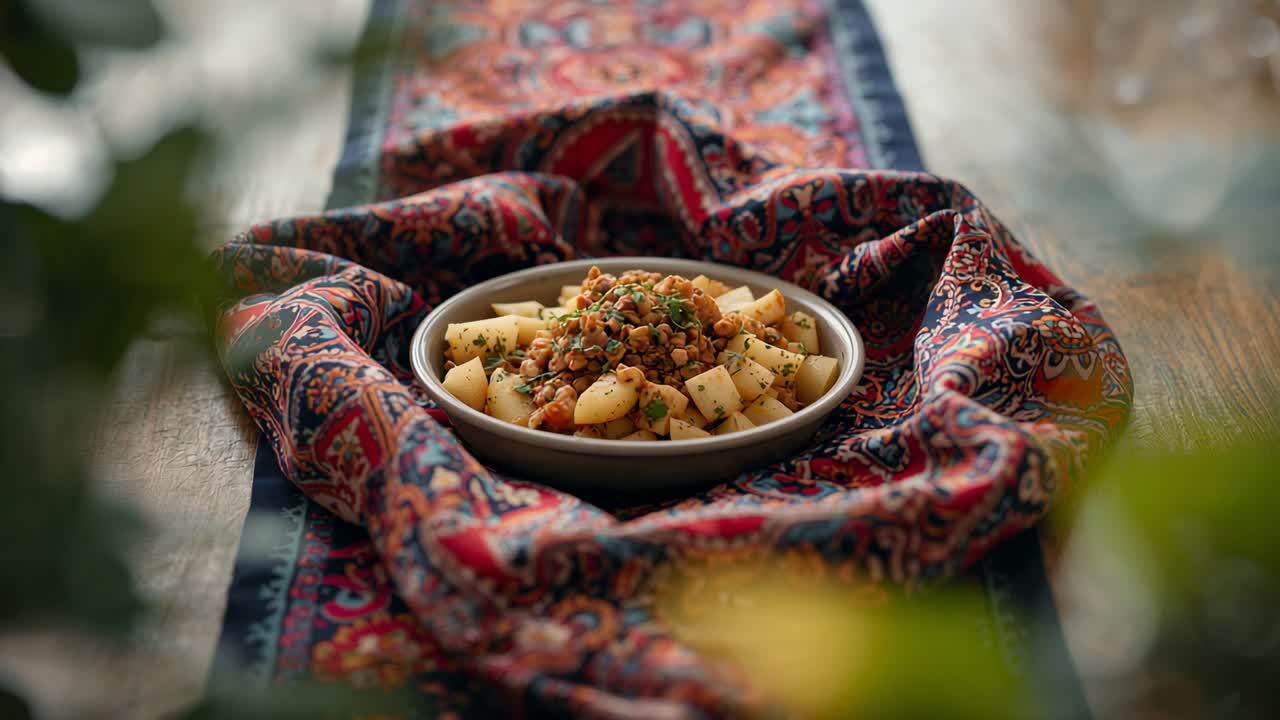 Kamerayı yakınlaştırırken, odak keskinleşiyor ve pazen desenli bir masa örtüsündeki patates ve nohut kasesini vurguluyor.