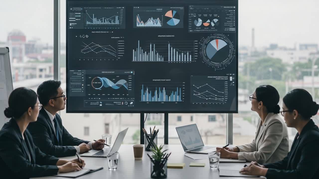 Business Meeting Focusing on Data Analysis with Detailed Graphs and Charts Displayed, Showcasing Professionalism and Team Collaboration