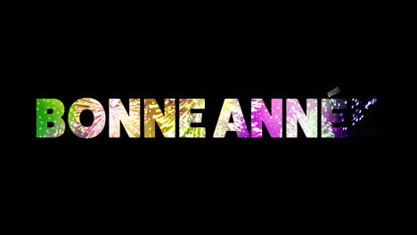 animation of bonne annee text and fireworks on black background