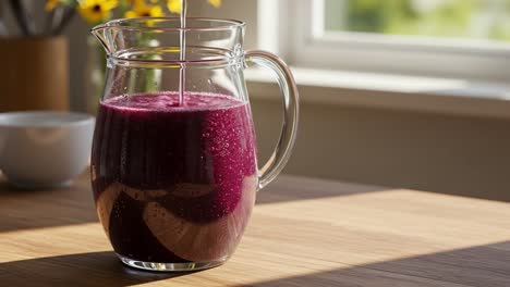 Pouring a Fresh Berry Drink into a Glass Pitcher on a Sunny Table
