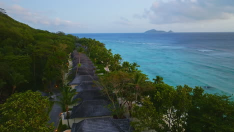 Aerial-drone-view-of-travel-destination-exotic-beach-resort-in-the-Seychelles-Islands