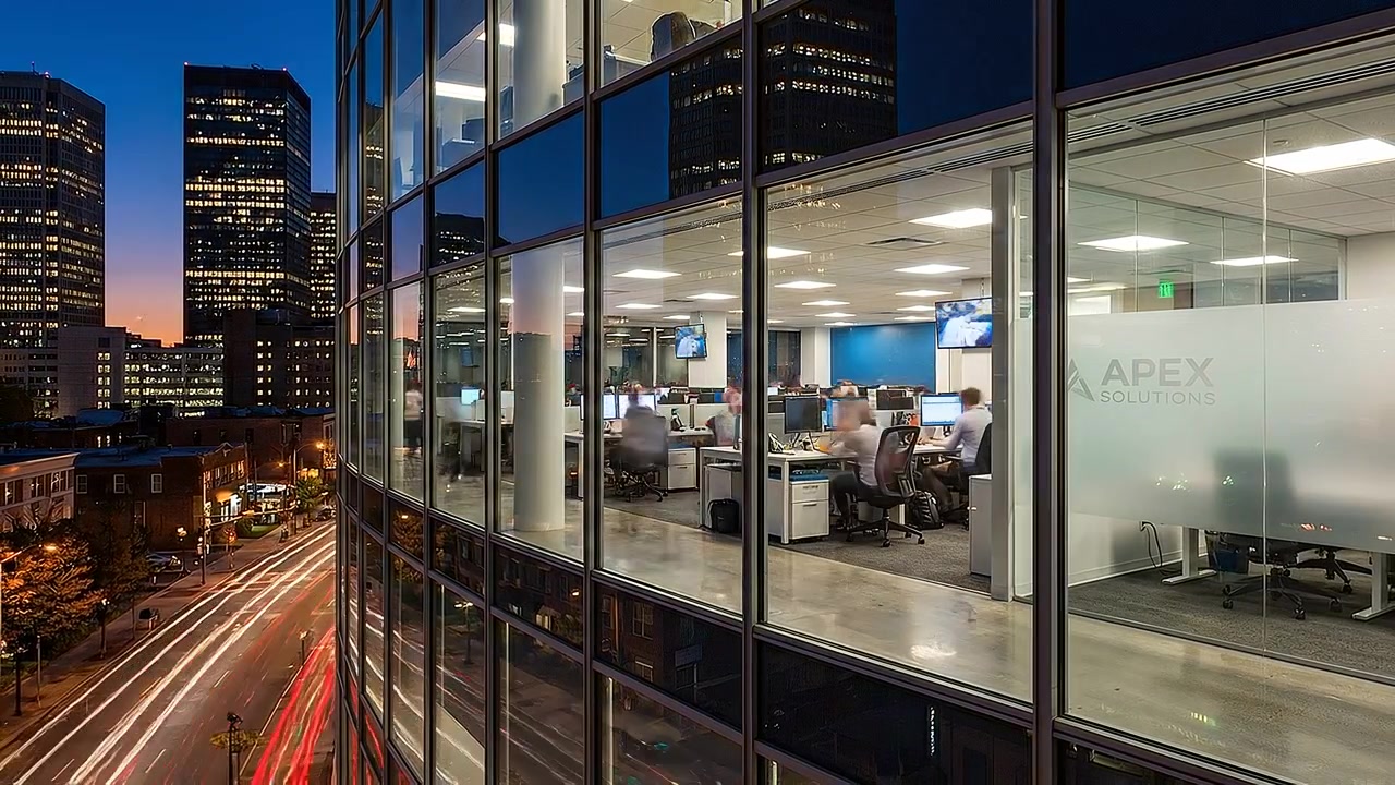 Time Lapse of Busy Office Interior and City Traffic at Night