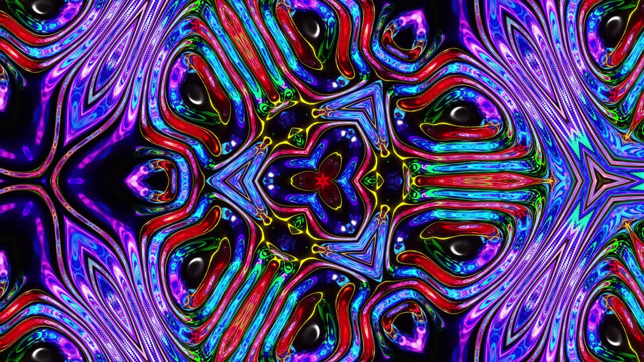 Liquid iridescent symmetrical pattern like kaleidoscope with waves. 3D stylish looped abstract bg, wavy structure of brilliant liquid glass with beautiful gradient colors. 4k