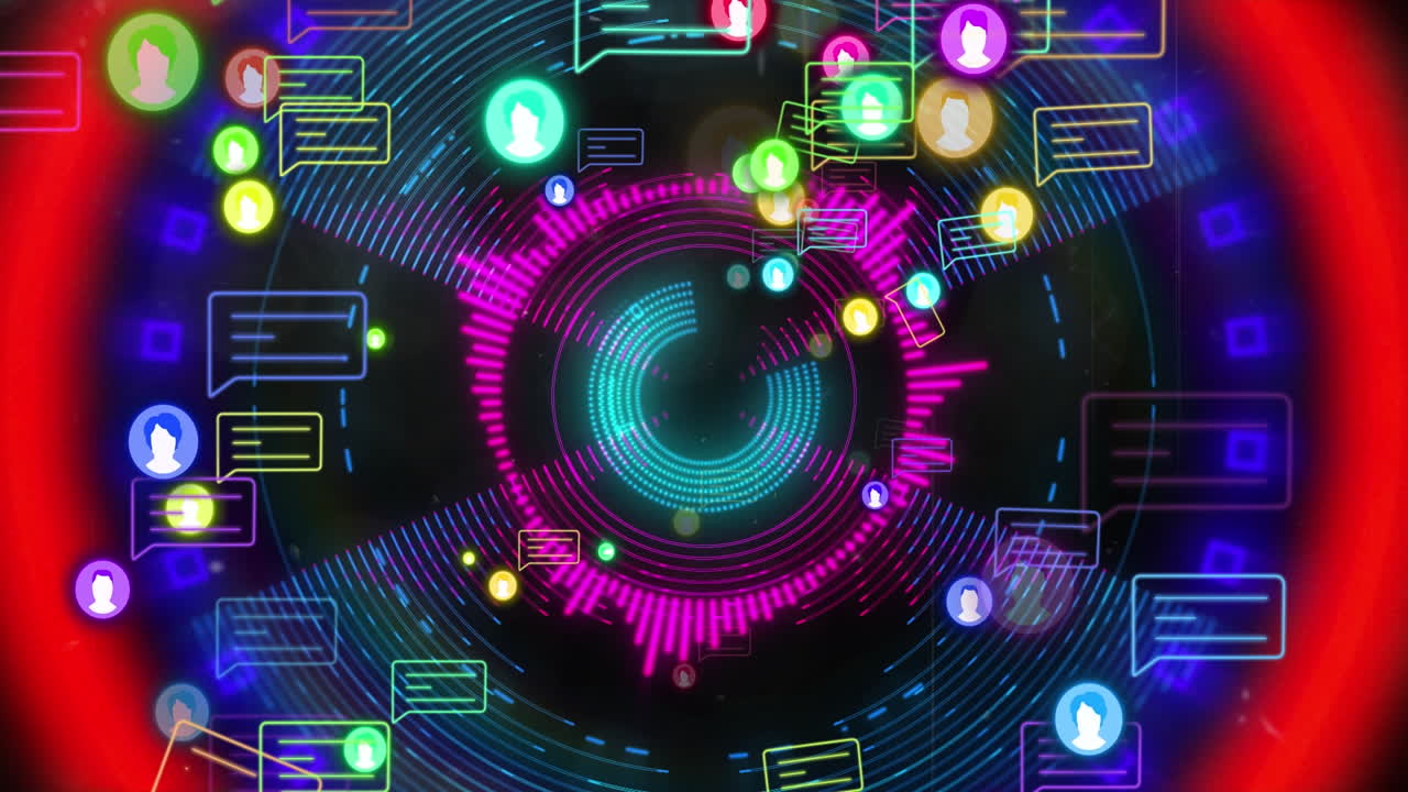 animación de iconos de medios y círculos con formas sobre fondo negro