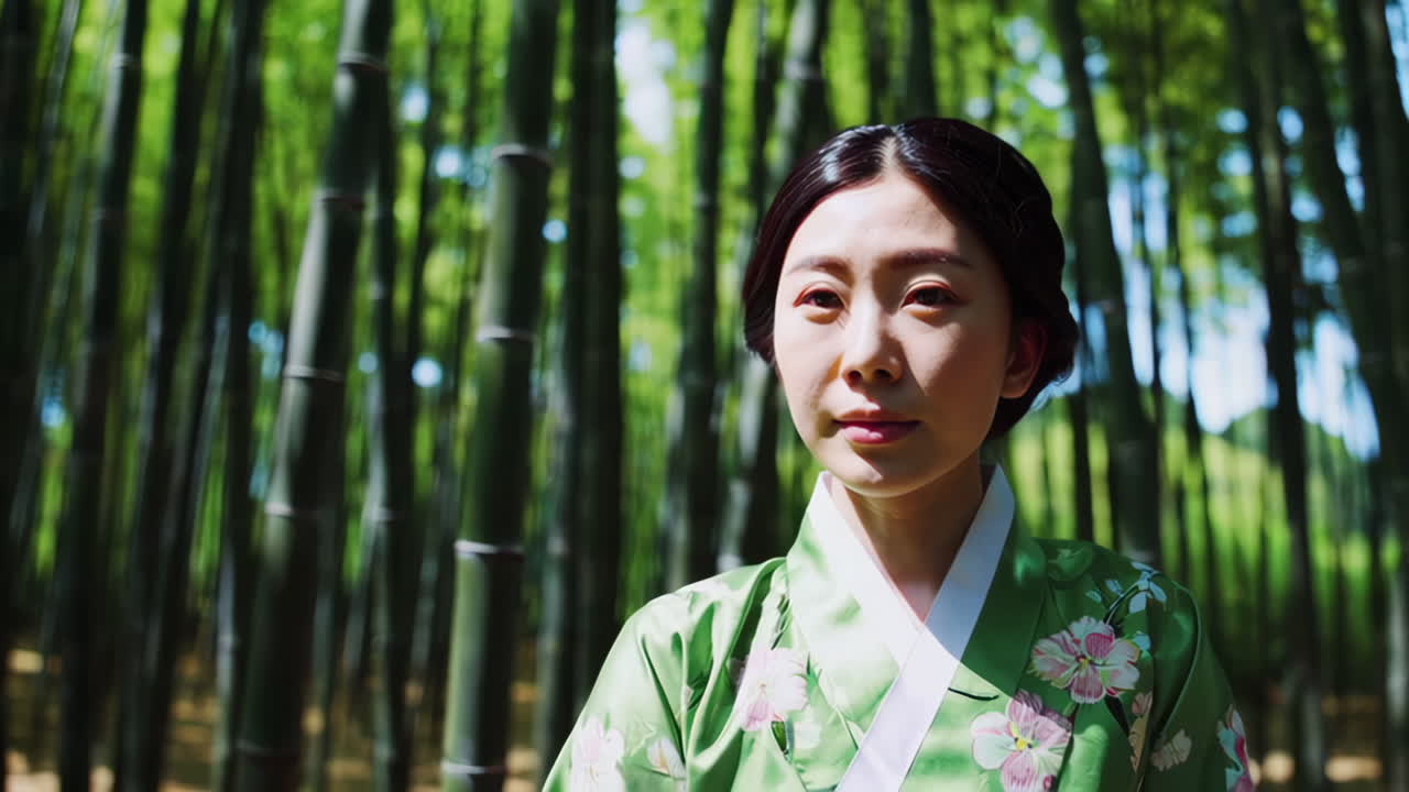 Woman in Hanbok in a Bamboo Forest