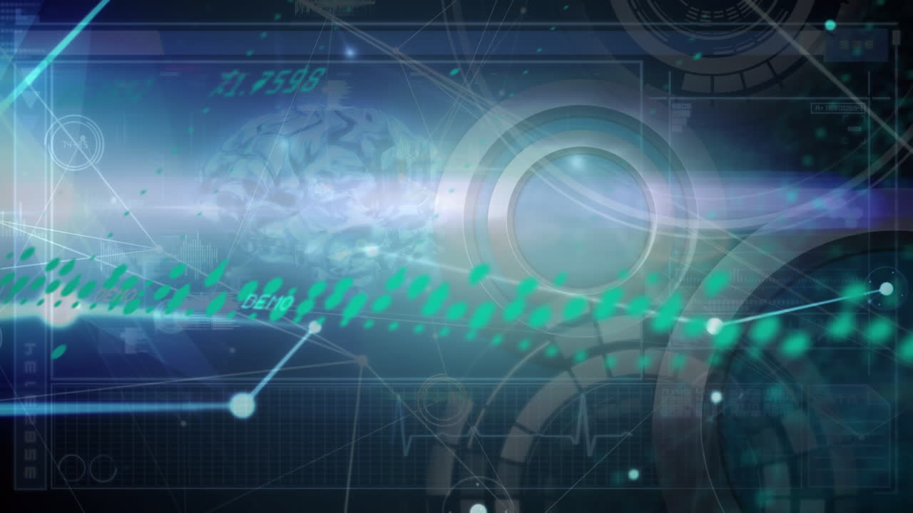 파란색 바탕에 연결된 그래프와 과학적 데이터의 애니메이션