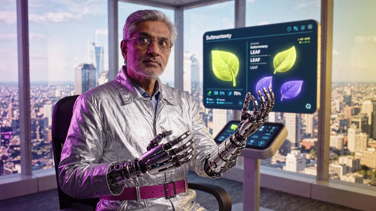 Uno scienziato futuristico esamina mani robotiche in un ambiente ad alta tecnologia, analizzando dati su foglie e innovazioni ecologiche mentre si affaccia su un paesaggio urbano.