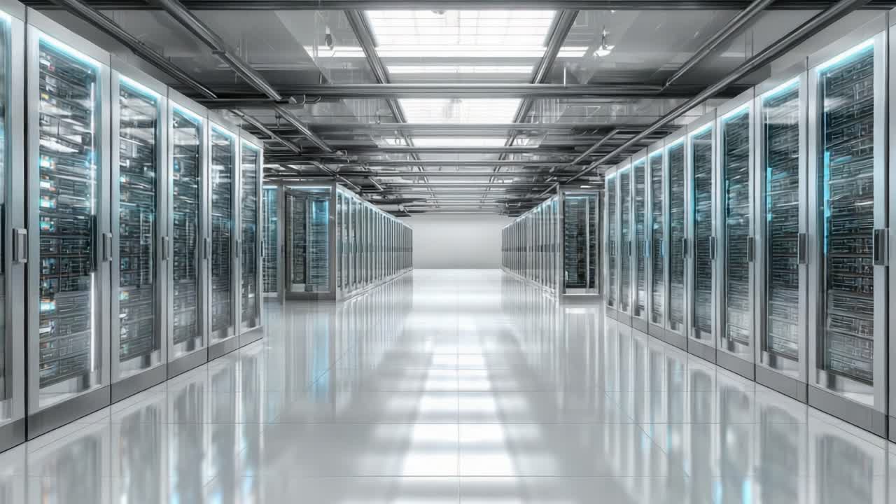 A High-Tech Data Center with Rows of Servers and a Bright, Reflective Floor: Exploring Modern Infrastructure of Digital Technology and Storage Solutions