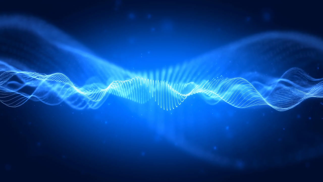 Blue Waveform Visualization Flowing Across Glowing Particles And Lines, Ambient Tech Atmosphere With Smooth