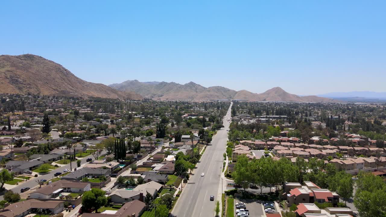 Drone shot of a neighborhood on Mt. Vernon Ave in Riverside, California.