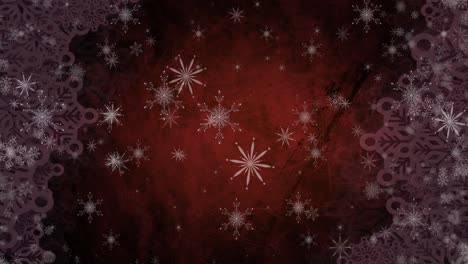 Animation-of-snow-falling-at-christmas-on-red-background