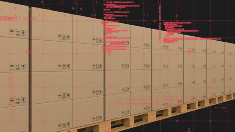 창고의 컨베이어 벨트에 있는 카드보드 상자 위의 데이터 처리 애니메이션
