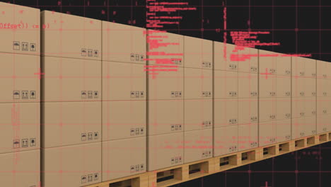 animation of data processing over cardboard boxes on conveyor belt in warehouse