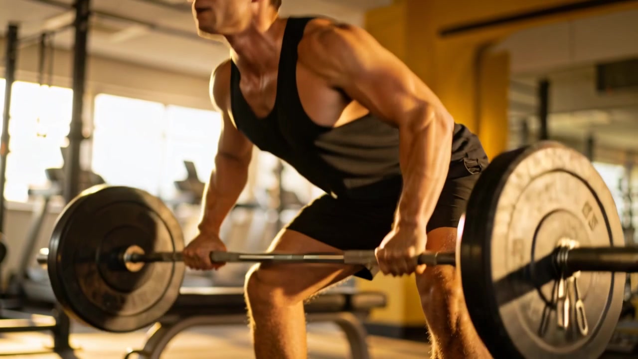 Uomo in forma in canotta nera che tira un bilanciere carico al petto in palestra, per la forza della schiena