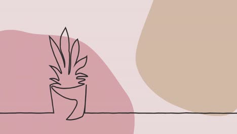 animación del dibujo de una planta en contorno negro contra un fondo rosa y marrón pastel