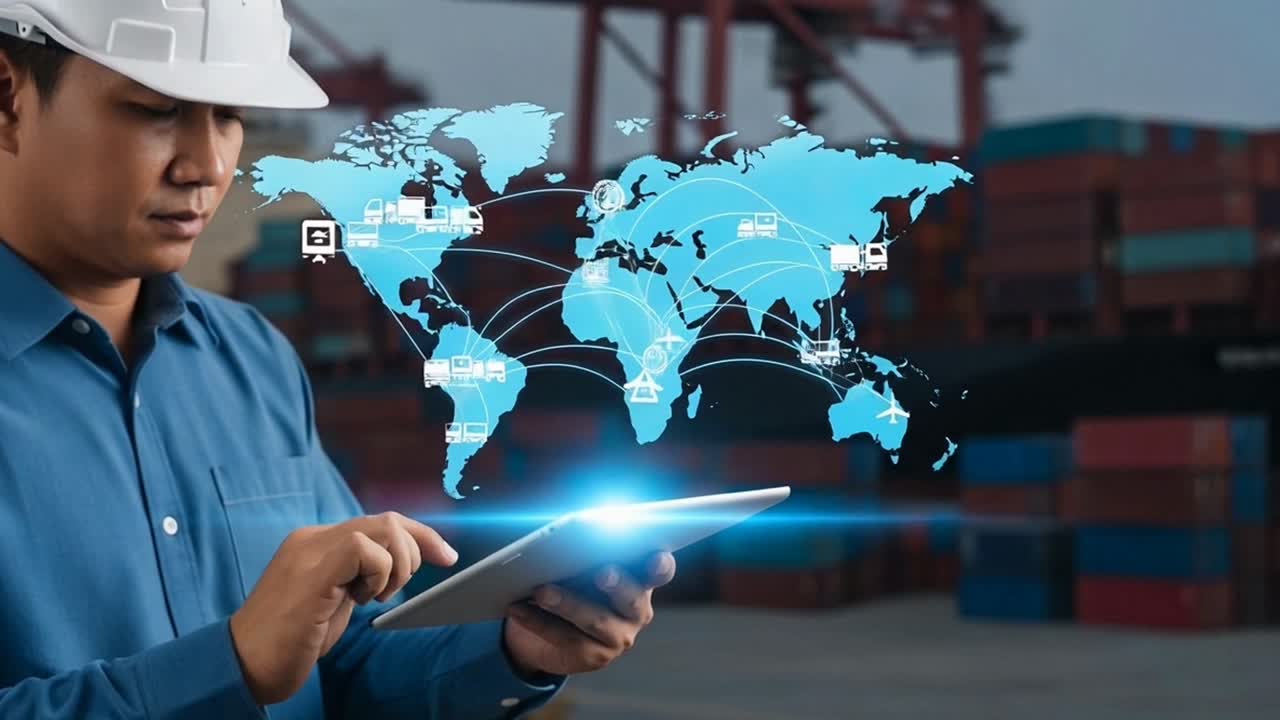 Logistics Manager Using a Tablet to Track Global Shipping at a Container Port