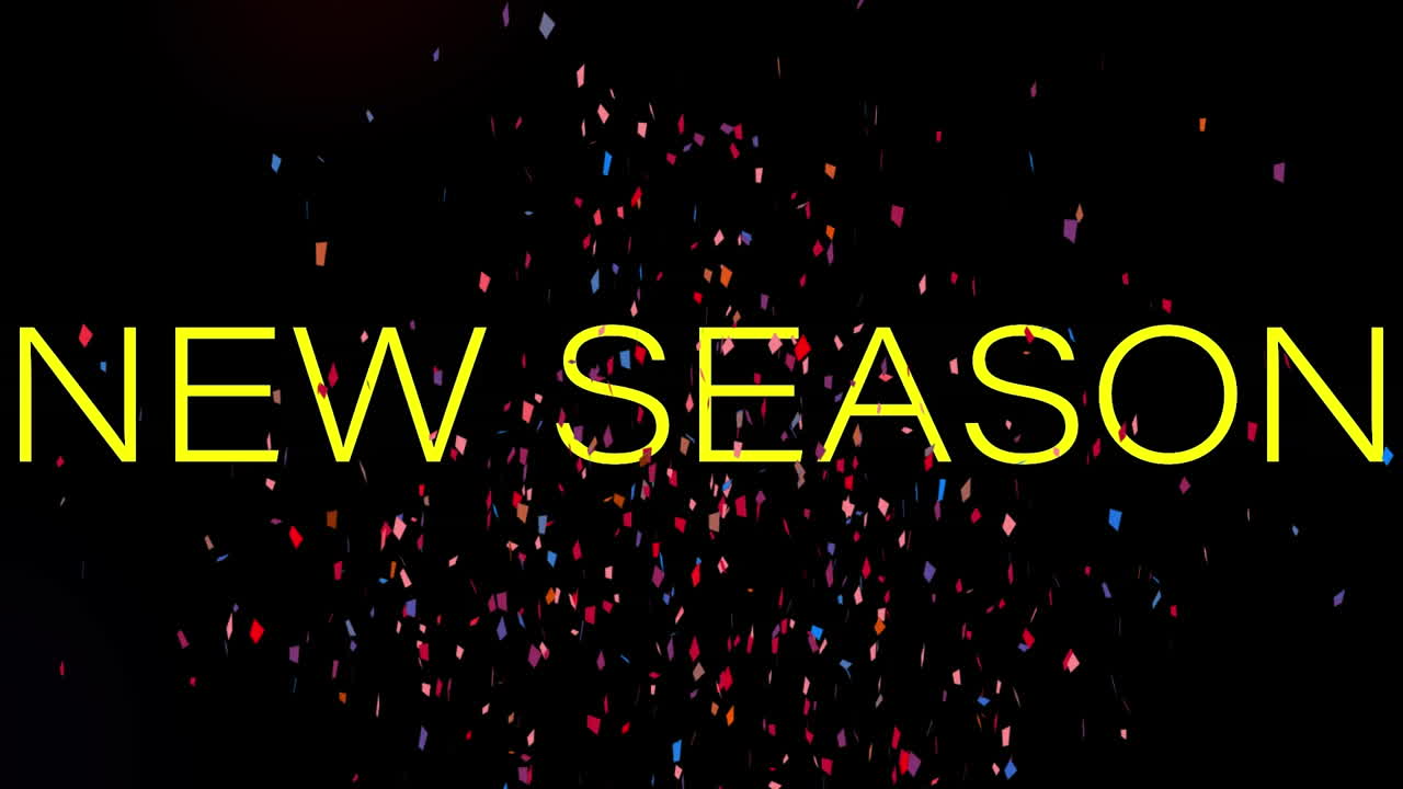 animación del texto de la nueva temporada y confeti que cae con llamaradas de lente sobre fondo negro