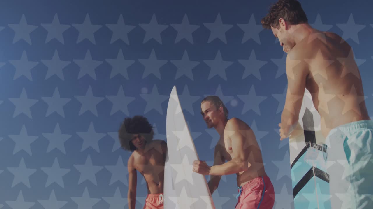 서프보드와 미국 발의 별을 가진 해변에서 다양한 친구들의 애니메이션