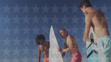 animation of diverse friends on beach with surfboards and stars of flag of usa