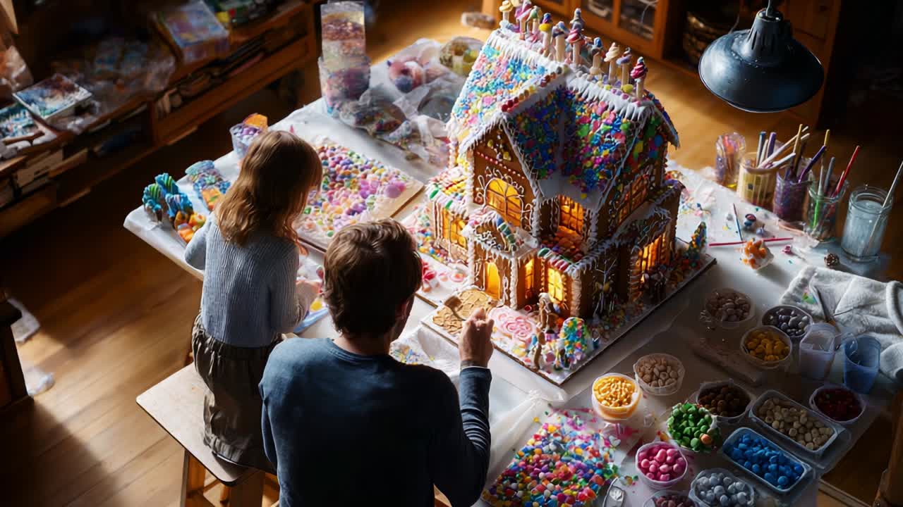 A Delightful Holiday Scene of a Parent and Child Creating a Festive Gingerbread House Together, Surrounded by Colorful Candies, Icing, and Festive Decorations in a Cozy, Well-Lit Room