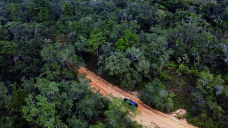 Antena-Siguiendo-Un-Todoterreno-En-Caminos-De-Tierra-En-La-Reserva-Forestal-De-Montaña-De-Pinos-En-Belice