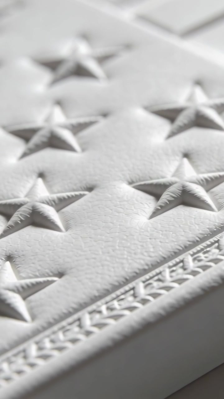 Vertical video: Camera starting pan along tufted panel in studio, showing stars and woven border