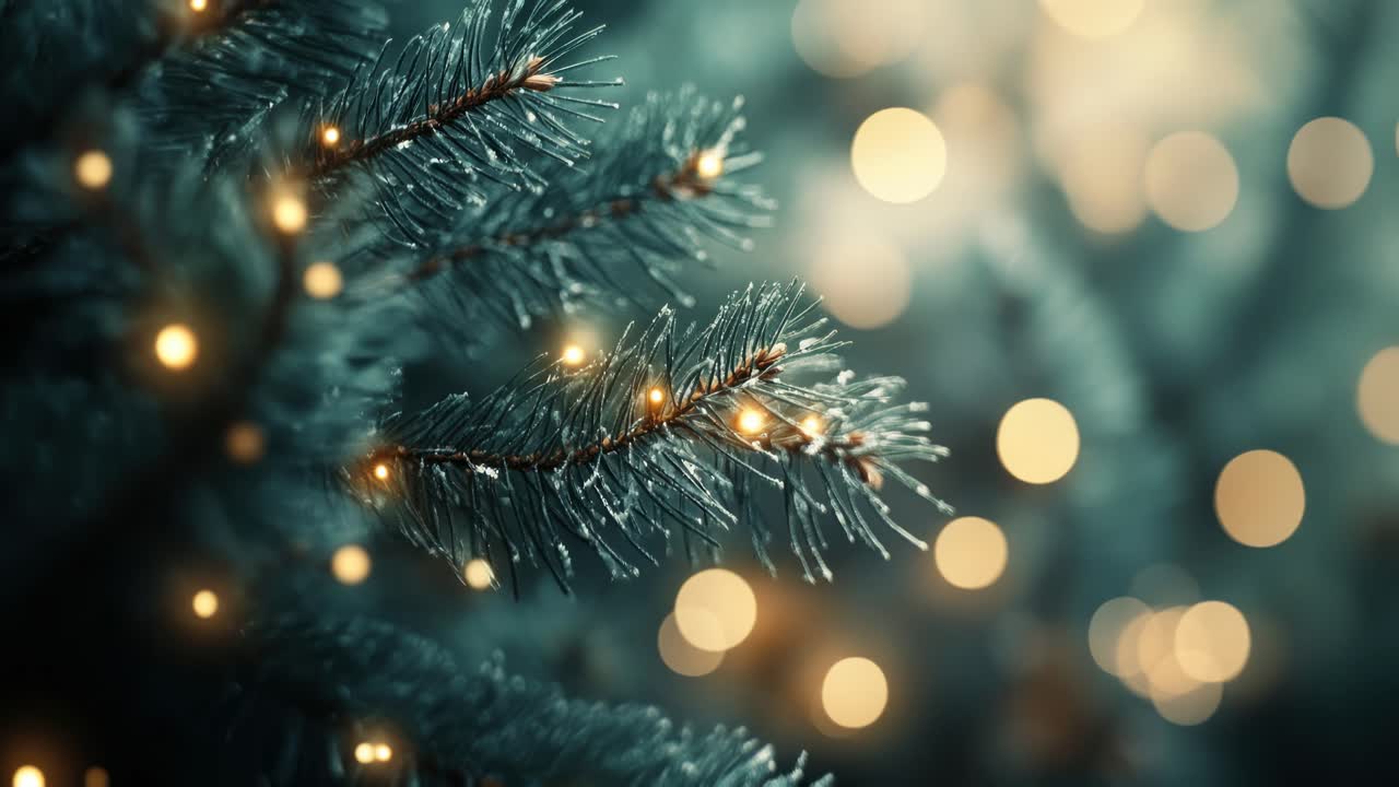 Close-up of festive pine branches with bokeh lights, perfect for a ...