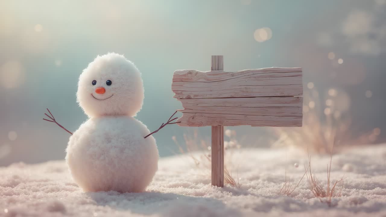 Lifting off snow after frame three small snowman drifting across snowy clearing, with wooden sign