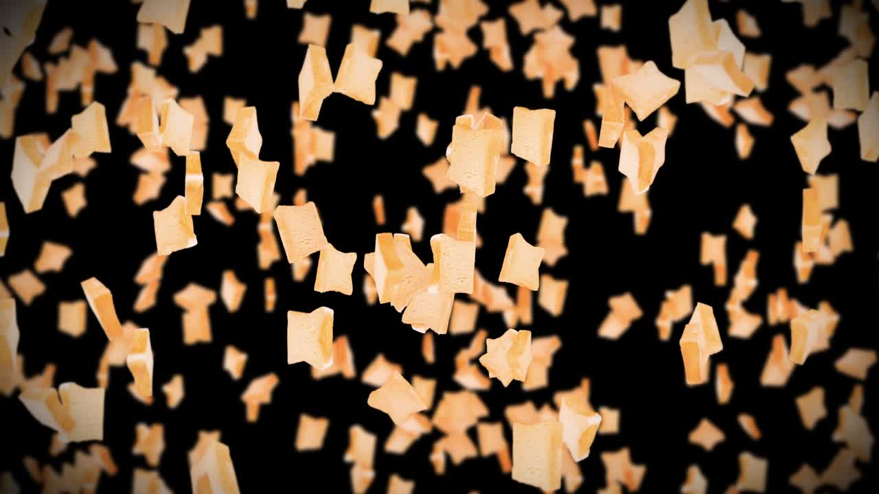 volando muchas rebanadas de pan en fondo negro. alimentos, alimentos y concepto de comer. animación 3d de rebanada de pan de trigo girando. animación de bucle.