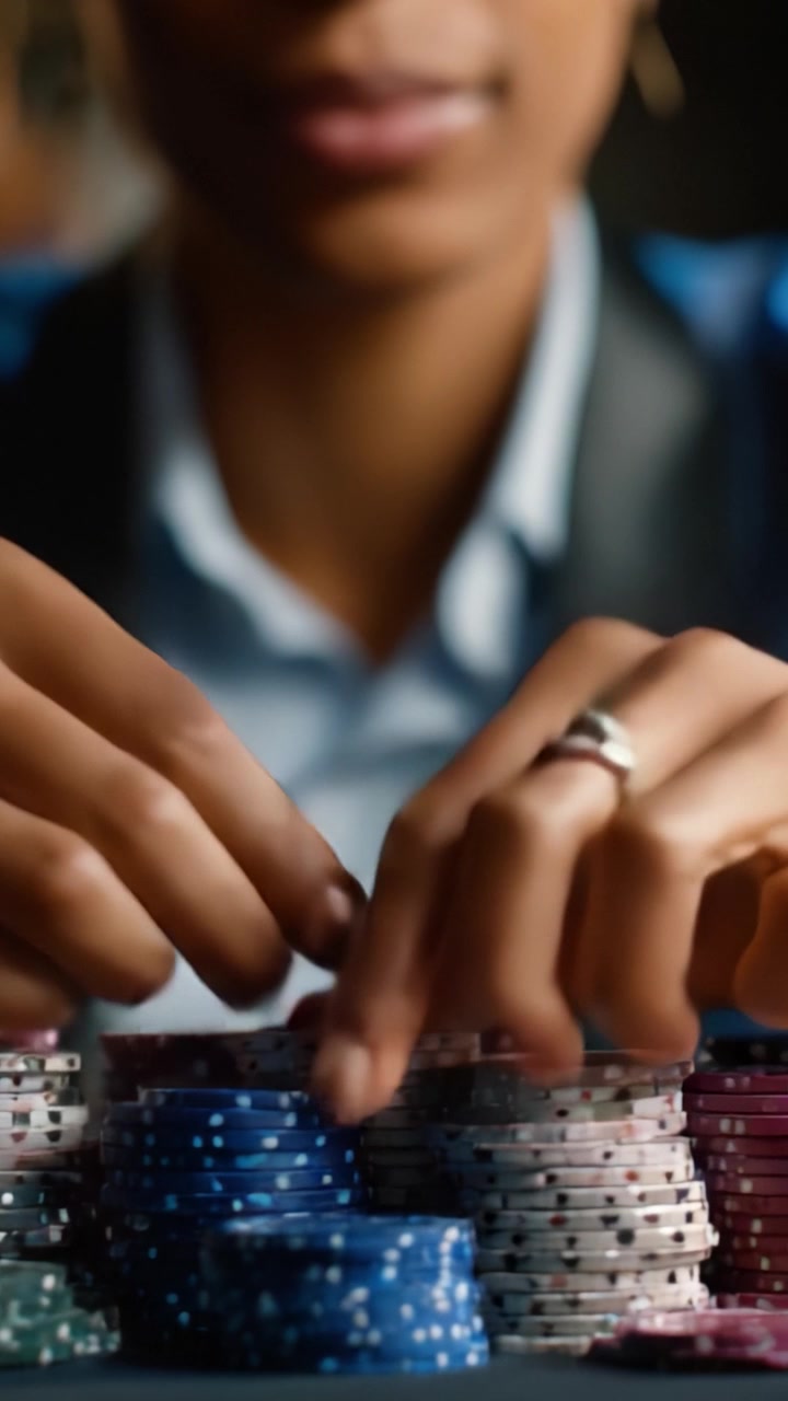 Un giocatore d'azzardo concentrato che organizza strategicamente le fiches da poker a un tavolo da casinò, mostrando l'intensità e l'abilità dell'esperienza di gioco di carte.