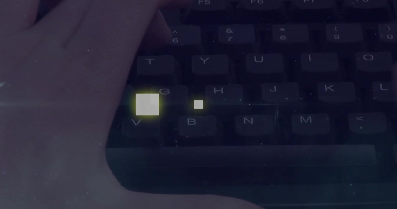 Close-up of Hands Typing on a Computer Keyboard with Digital Overlay