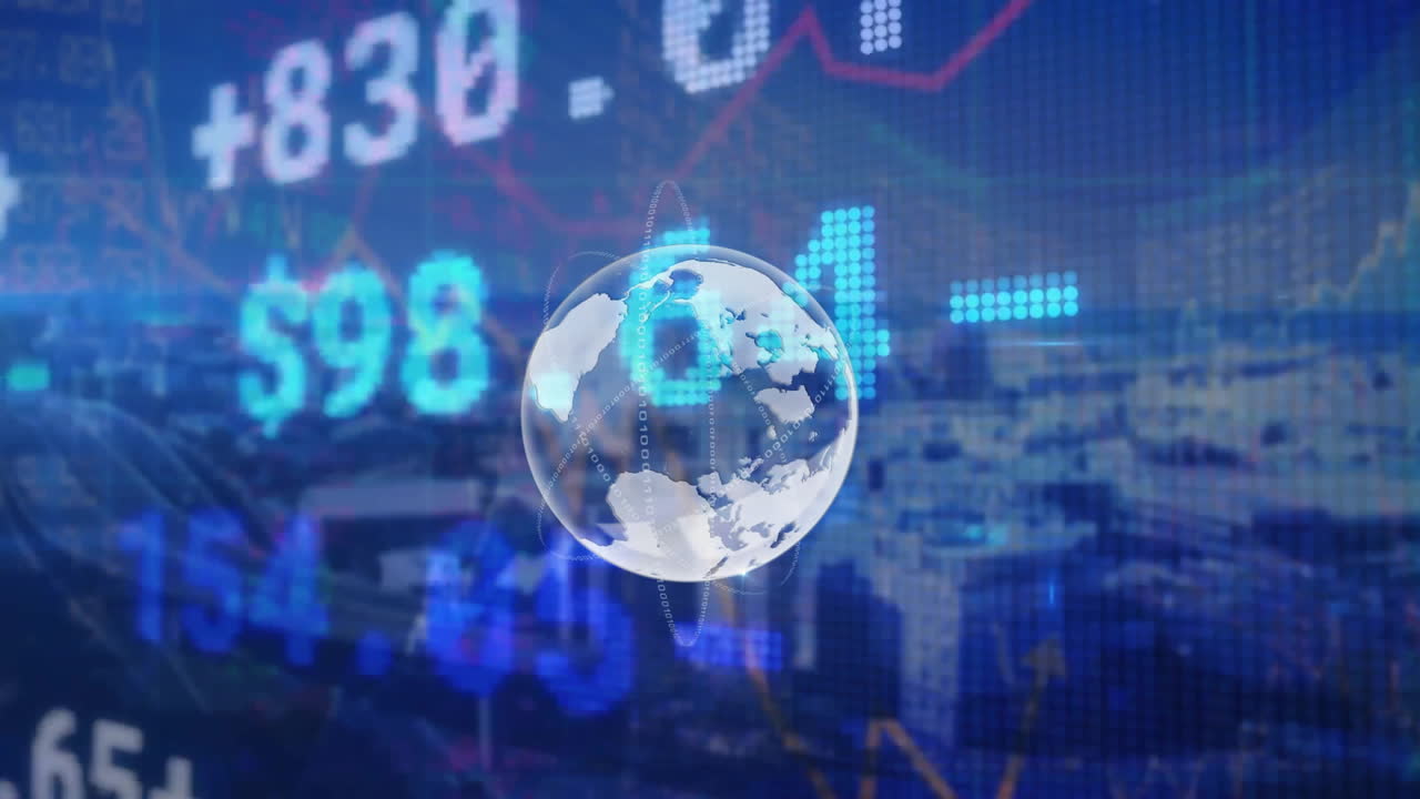 animación del procesamiento de datos y el mundo sobre el mercado de valores y el paisaje urbano