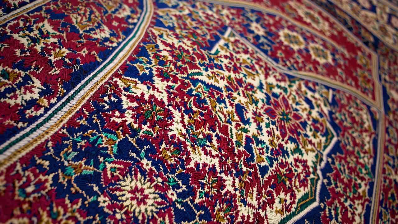 Close up view of a richly detailed oriental rug, featuring vibrant colors, intricate floral patterns, and geometric borders that showcase traditional craftsmanship and cultural heritage