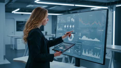 a business professional analyzing data on a touchscreen display while utilizing a tablet in a modern office environment for enhanced decision-making insights