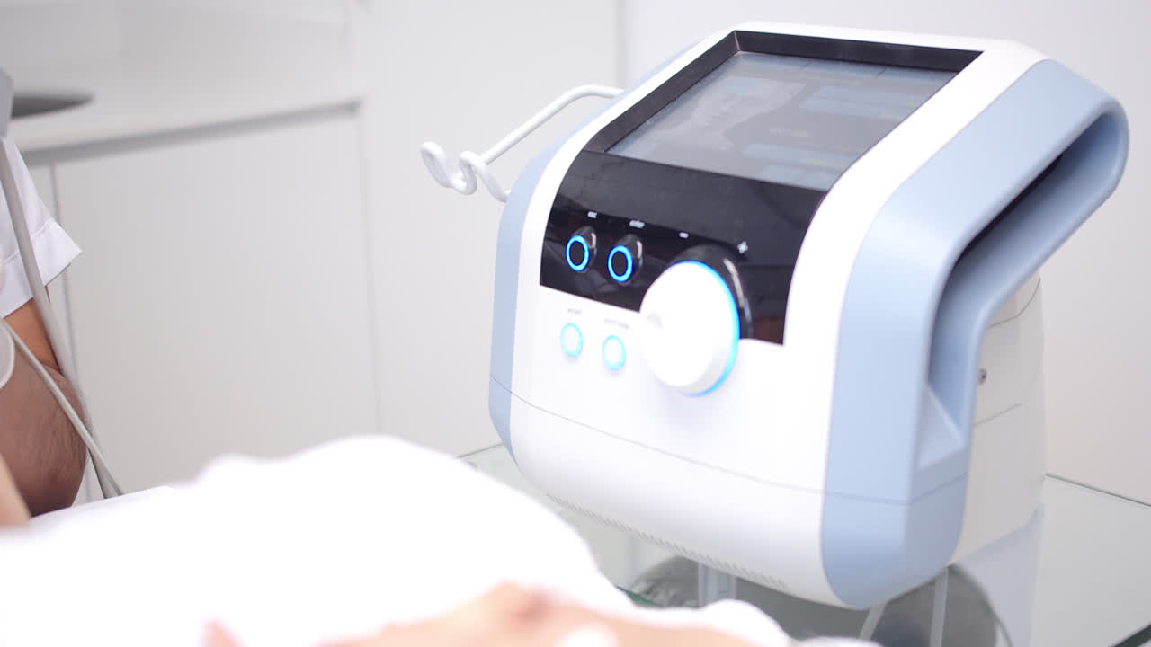 Magnifique plan au ralenti d'une machine technologique destinée à une clinique dermatologique pour des soins de beauté