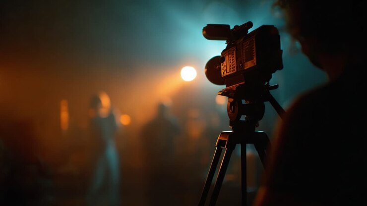 Una scena di ripresa suggestiva con una fotocamera professionale a fuoco, che cattura momenti tra un'illuminazione scenografica durante un evento creativo