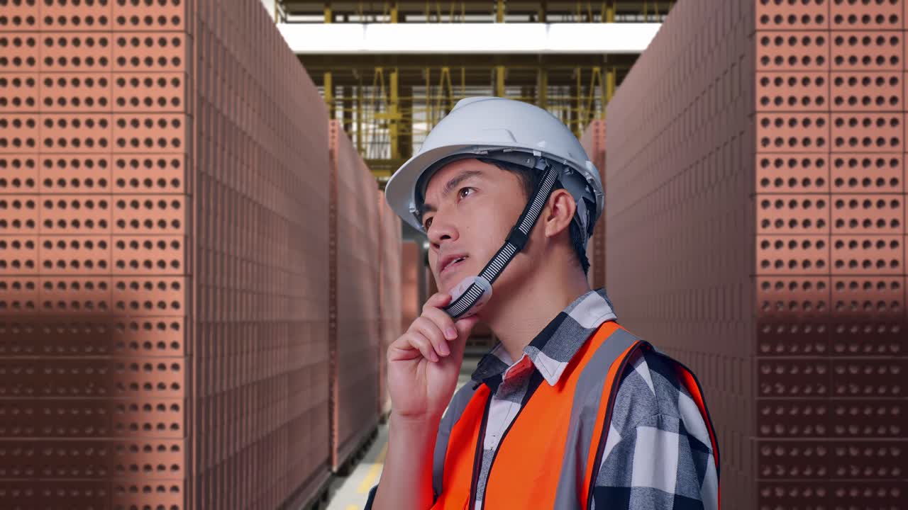 Close Up Side View Of Asian Male Engineer With Safety Helmet Thinking And Looking Around Then Raising His Index Finger While Standing With Red Brick Packed in Stacks Are Stored