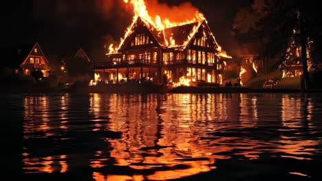 una casa en llamas en el medio de un lago por la noche