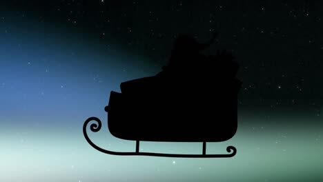 Animation-of-snow-falling-over-black-silhouette-of-santa-claus-in-sleigh-against-gradient-background