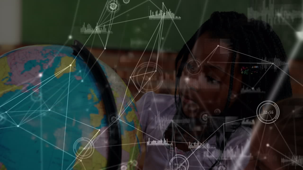 animación de una red de conexiones sobre una estudiante biracial con un globo