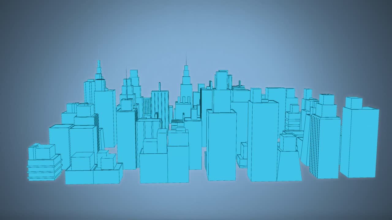 Animazione di paesaggio urbano 3D che ruota ed elaborazione dati su sfondo blu