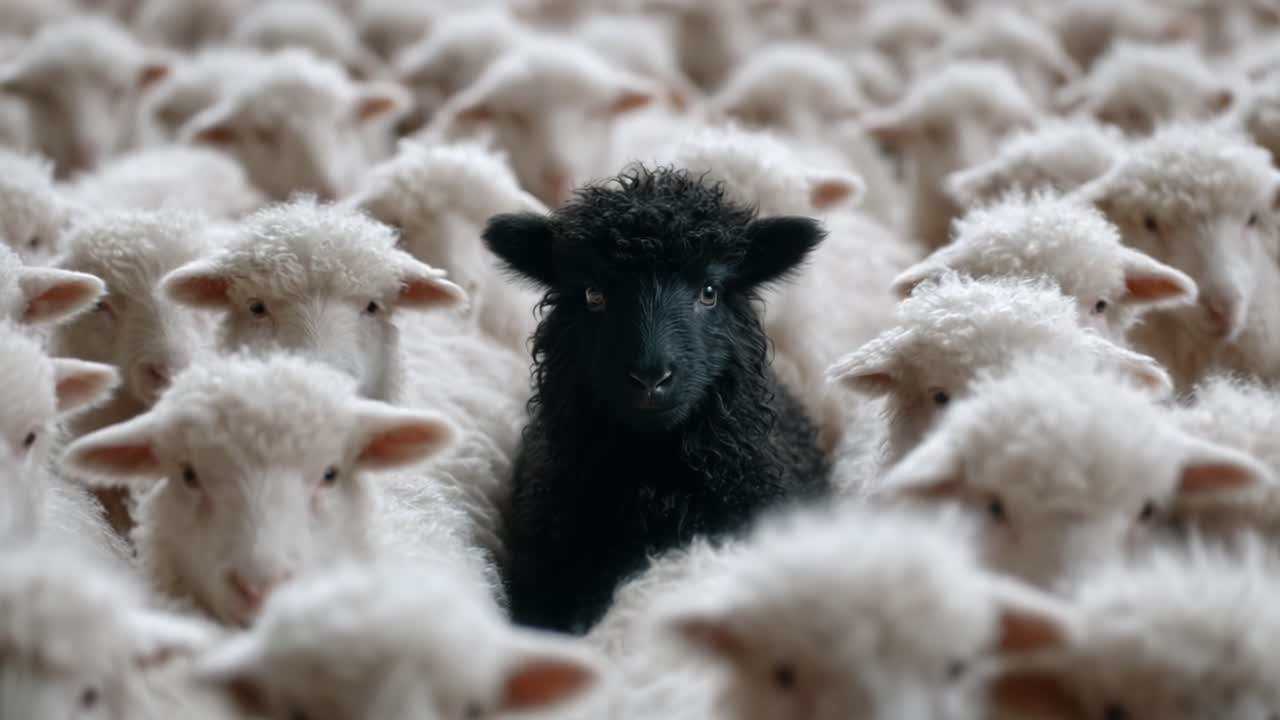 A Striking Contrast: The Black Sheep Among the White Flock in a Captivating Pastoral Scene Reflects Unique Individuality in Nature's Design