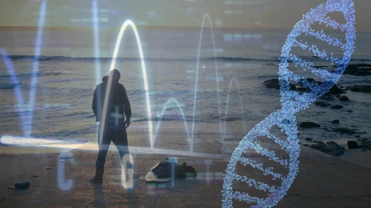 Male wearing hooded jacket standing on shoreline, with DNA helix and waveform technology overlay