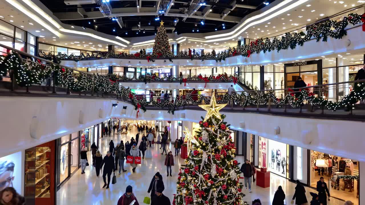 Festive shopping mall interior, decorated with lights and Christmas trees