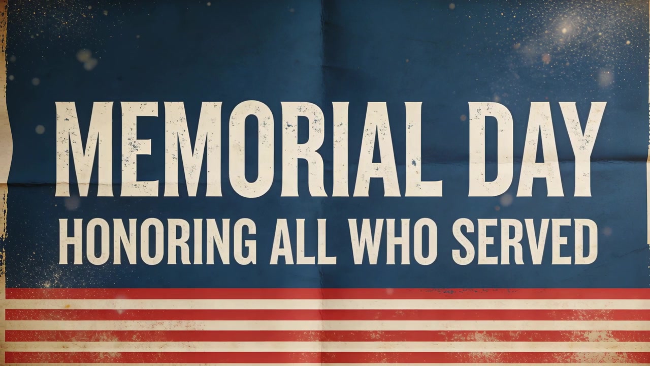 Shifting film dust causing Memorial Day poster showing worn edges, creases, aged look with stripes
