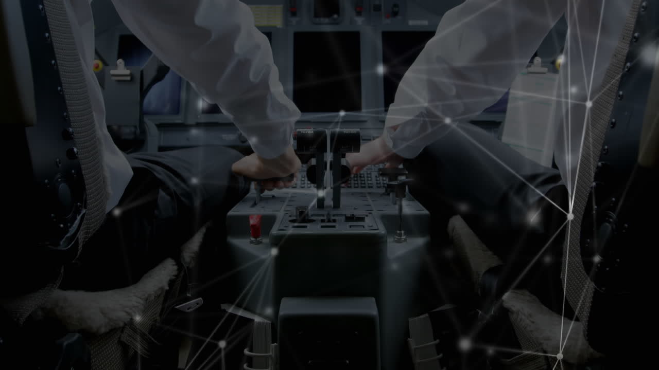 비행기 조종실에서 볼 수 있는 글로벌 연결 네트워크의 애니메이션