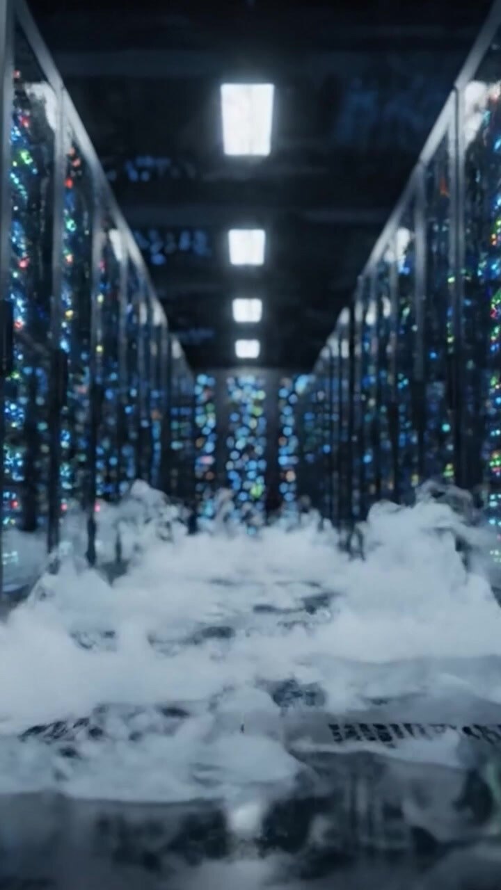 Et futuristisk datacenter, der udviser et højteknologisk miljø med rækker af blinkende servere midt i en tåget atmosfære for at forbedre den digitale tidsalders æstetiske appel