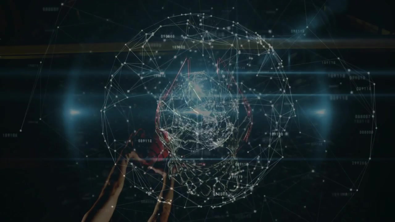 Mani maschili che toccano un globo di rete olografico in un'interfaccia tecnologica, ruotando nodi di dati per l'analisi.
